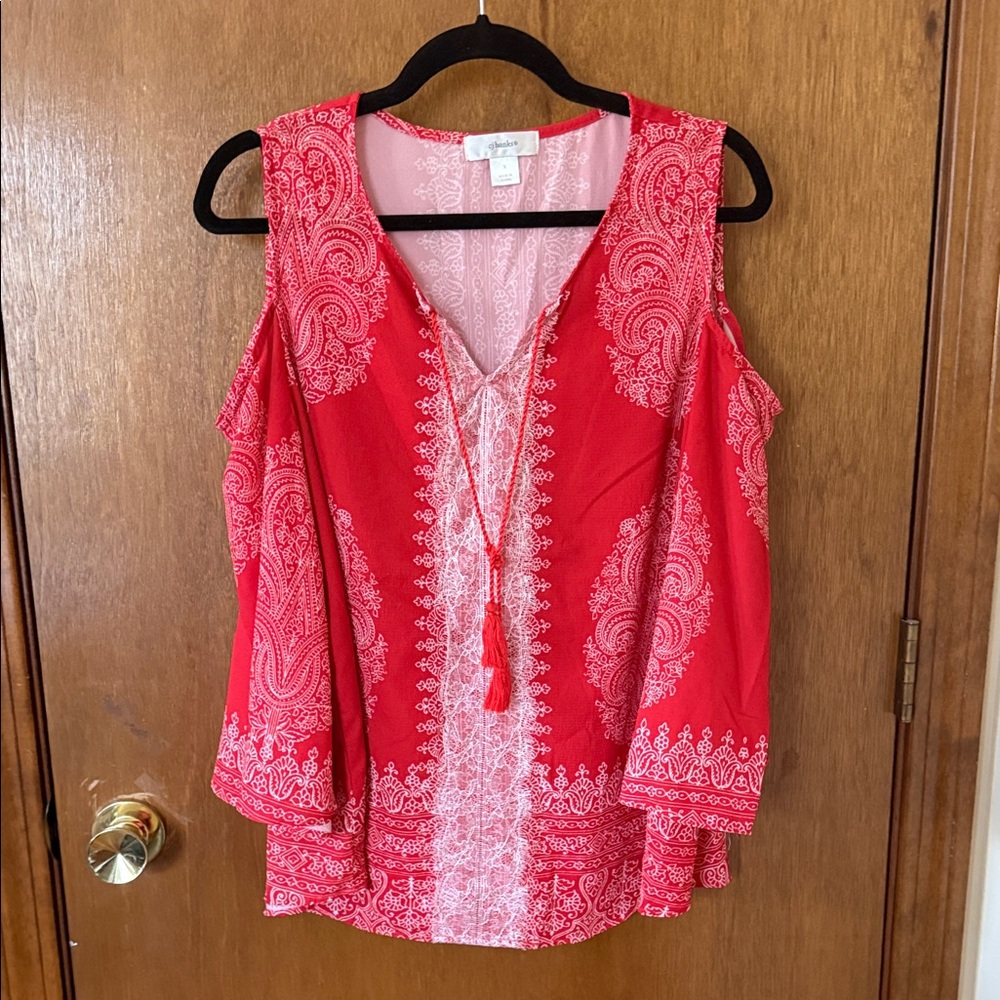 CJ Banks Red Paisley Cold-Shoulder Tunic with Tassel Tie